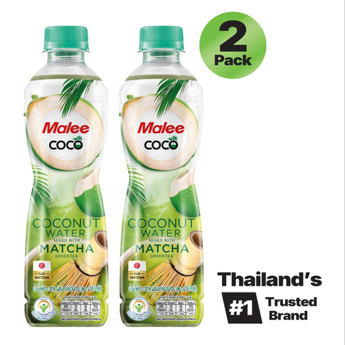 Two bottles of Malee Coco Coconut Water with Matcha flavor, shown as a 2-pack on a white background with a green '2 Pack' badge and a 'Thailand's #1 Trusted Brand' label.
